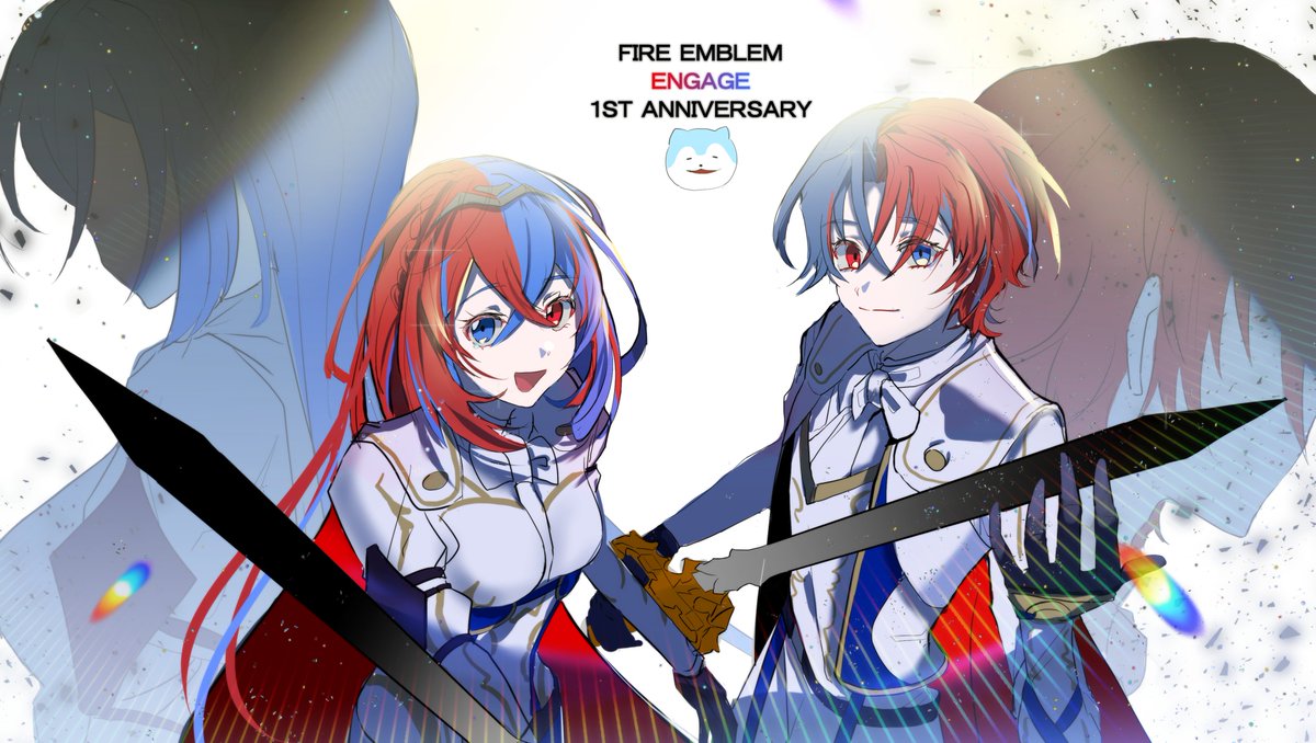 1boy, 1girl, alear_(female)_(fire_emblem), alear_(fire_emblem), alear_(male)_(fire_emblem), blue_eyes, blue_hair, closed_mouth, crossed_bangs, f_e_13, fire_emblem, fire_emblem_engage, hair_between_eyes, heterochromia, holding, holding_sword, holding_weapon, long_hair, long_sleeves, looking_at_viewer, multicolored_hair, open_mouth, red_eyes, redhead, short_hair, smile, split-color_hair, sword, tiara, two-tone_hair, weapon, white_background
