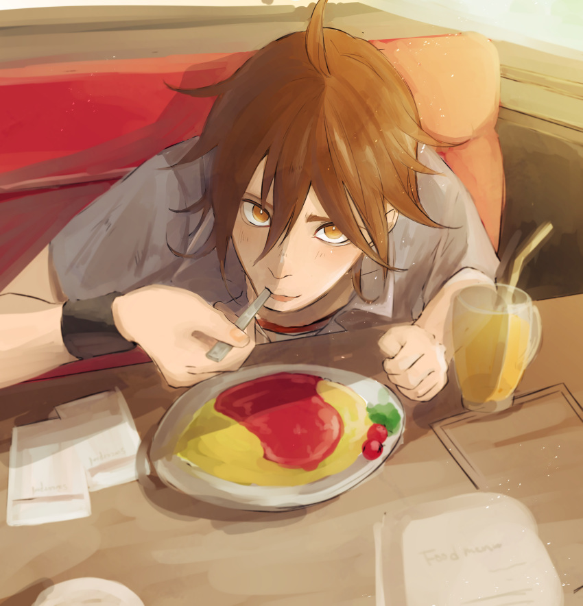 1boy, absurdres, ahoge, blush, collared_shirt, diner, drink, drinking_straw
