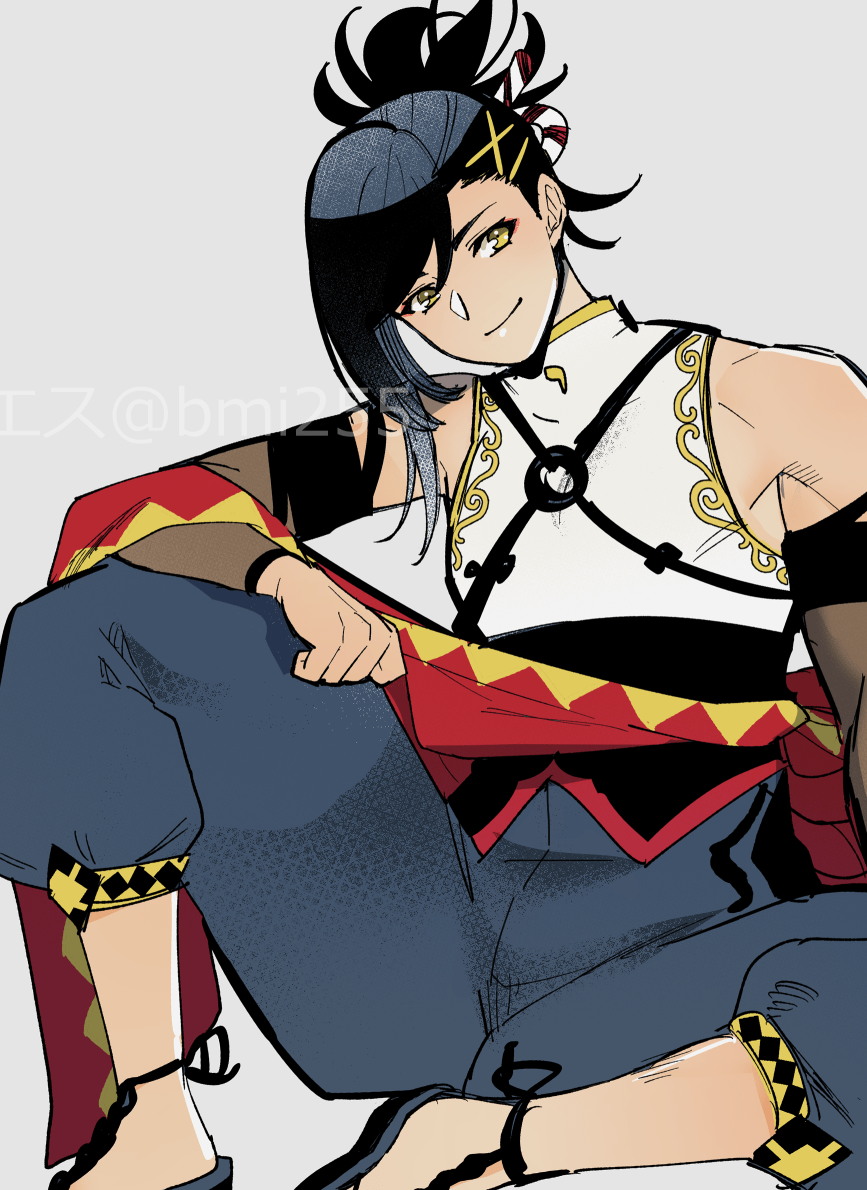 1boy, bare_shoulders, black_hair, closed_mouth, detached_sleeves, esu_(b_r9), fire_emblem, fire_emblem_engage