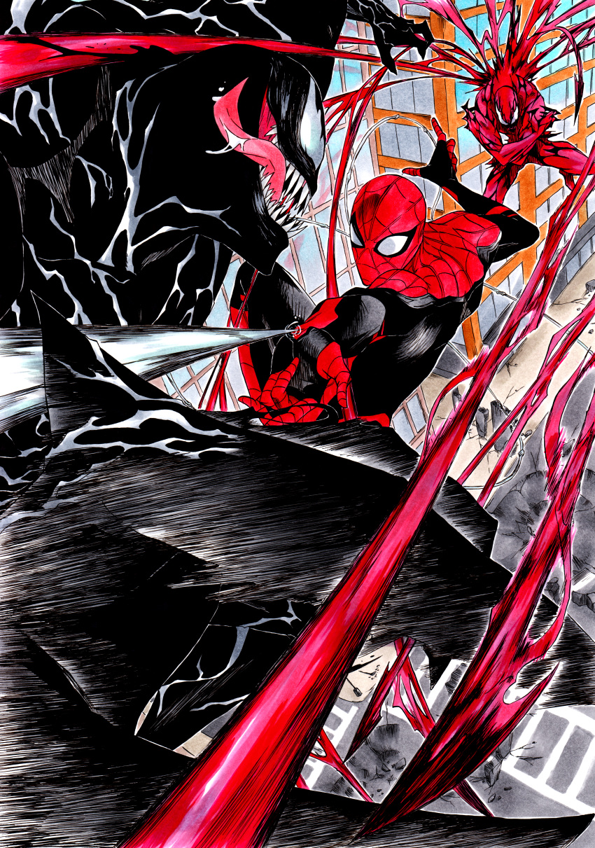 3boys, absurdres, alternate_costume, battle, black_skin, building, carnage_(marvel), city