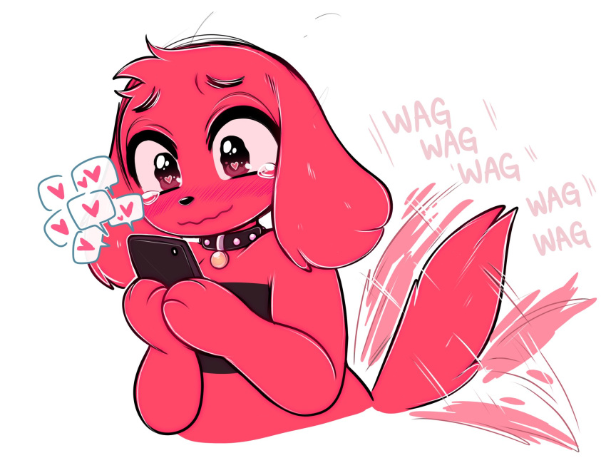 1girl, animal_nose, bare_shoulders, black_collar, black_tube_top, blush, body_fur, clifford_(dog), clifford_the_big_red_dog, clothes_writing, collar, commentary, english_commentary, english_text, furry, furry_female, genderswap, genderswap_(mtf), heart, heart-shaped_eyes, highres, holding, holding_phone, motion_lines, personification, phone, raikissu, red_fur, snout, sound_effects, standing, strapless, tail, tail_wagging, tearing_up, tube_top, wavy_mouth, white_background