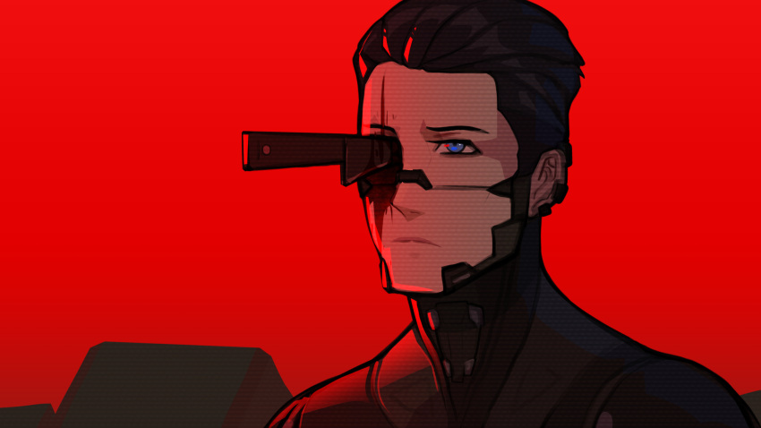 1boy, adler_(signalis), android, black_hair, blade_runner_2049, blood, blood_from_eyes, blood_on_knife