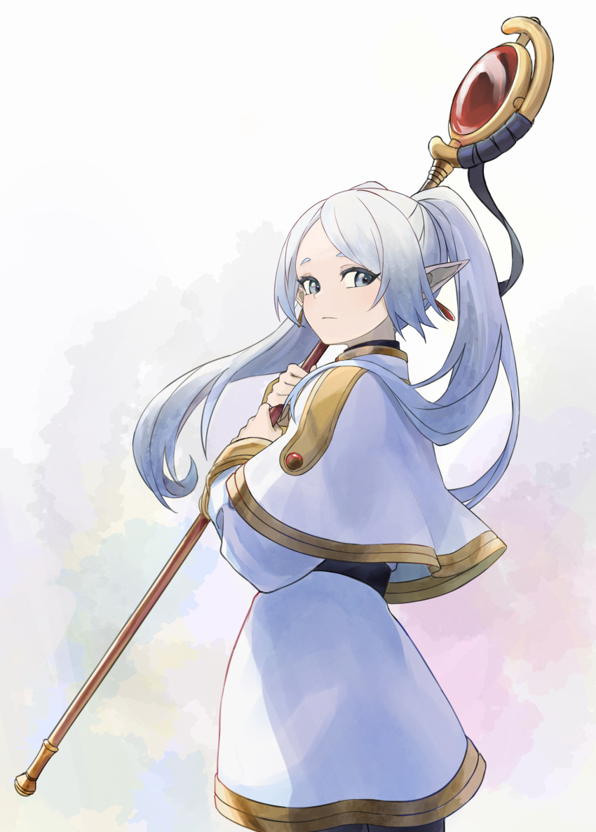 1girl, alternate_eye_color, capelet, commentary_request, dangle_earrings, dress, earrings, frieren