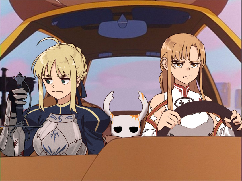 1other, 2girls, :i, :t, :|, ahoge, armor, armored_dress