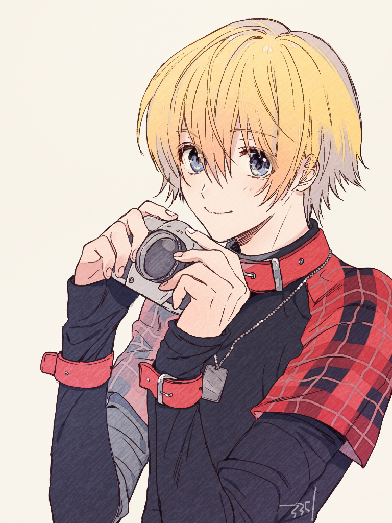 1boy, black_shirt, blonde_hair, blue_eyes, camera, collar, dog_tags, hair_between_eyes