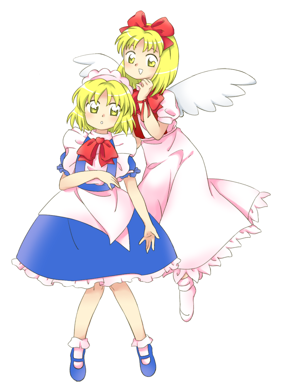 2girls, :d, :o, blonde_hair, blue_dress, blue_footwear, bow, bowtie