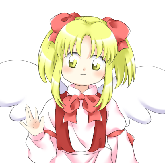 blonde_hair, bow, bowtie, closed_mouth, dress, gengetsu_(touhou), hair_bow, hair_up, hand_up, juliet_sleeves, long_sleeves, medium_hair, nonamejd, official_style, open_clothes, open_vest, parted_bangs, pink_bow, pink_bowtie, puffy_sleeves, red_vest, simple_background, smile, touhou, touhou_(pc-98), twintails, vest, white_background, white_dress, white_wings, wings, yellow_eyes, zun_(style)