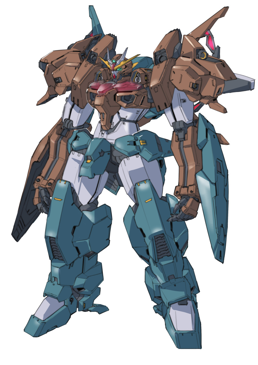 absurdres, arm_shield, arms_at_sides, commentary_request, full_body, fusion, green_eyes, gundam, gundam_lfrith_thorn, gundam_lfrith_ur, gundam_suisei_no_majo, highres, legs_apart, looking_ahead, mecha, mobile_suit, niao_san_shi, no_humans, open_hands, robot, science_fiction, simple_background, solo, standing, v-fin, white_background