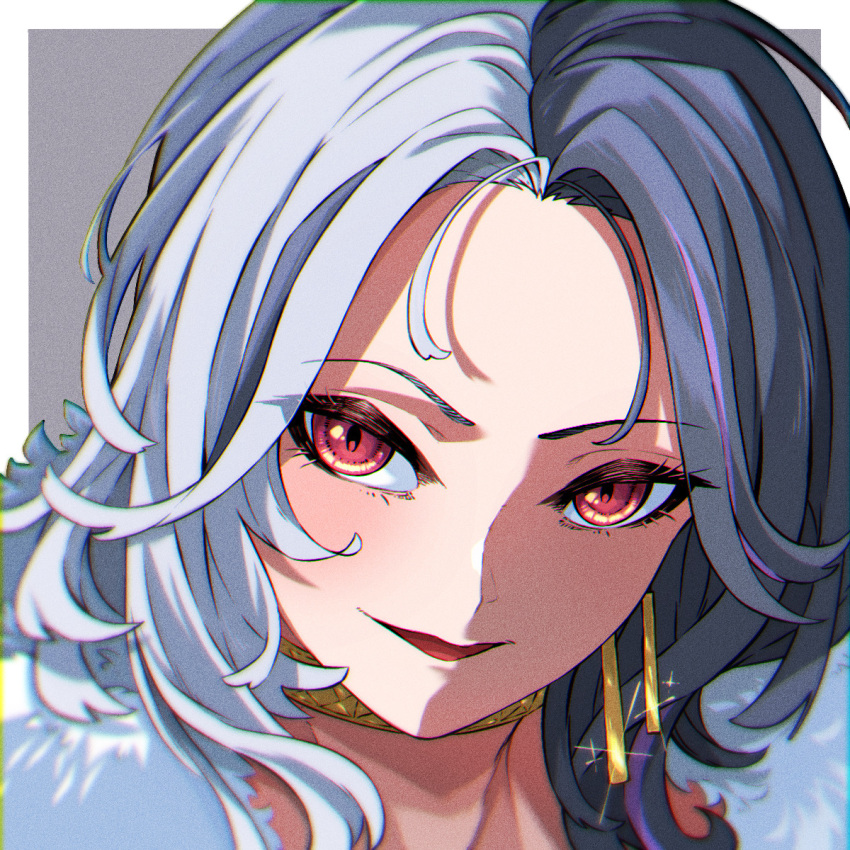 1girl, amazora_cakel, black_hair, close-up, earrings, fur_collar, goddess_of_victory:_nikke, gold_choker