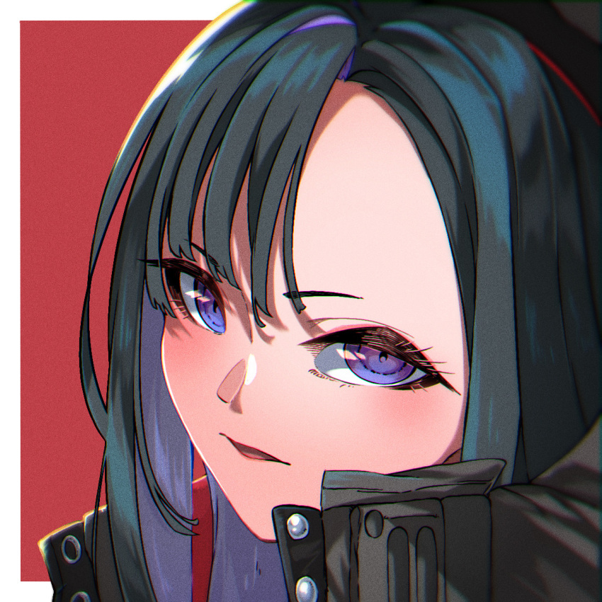 1girl, amazora_cakel, black_hair, black_jacket, blue_eyes, buttons, close-up, eunhwa_(nikke), forehead, goddess_of_victory:_nikke, highres, jacket, popped_collar, thick_eyelashes
