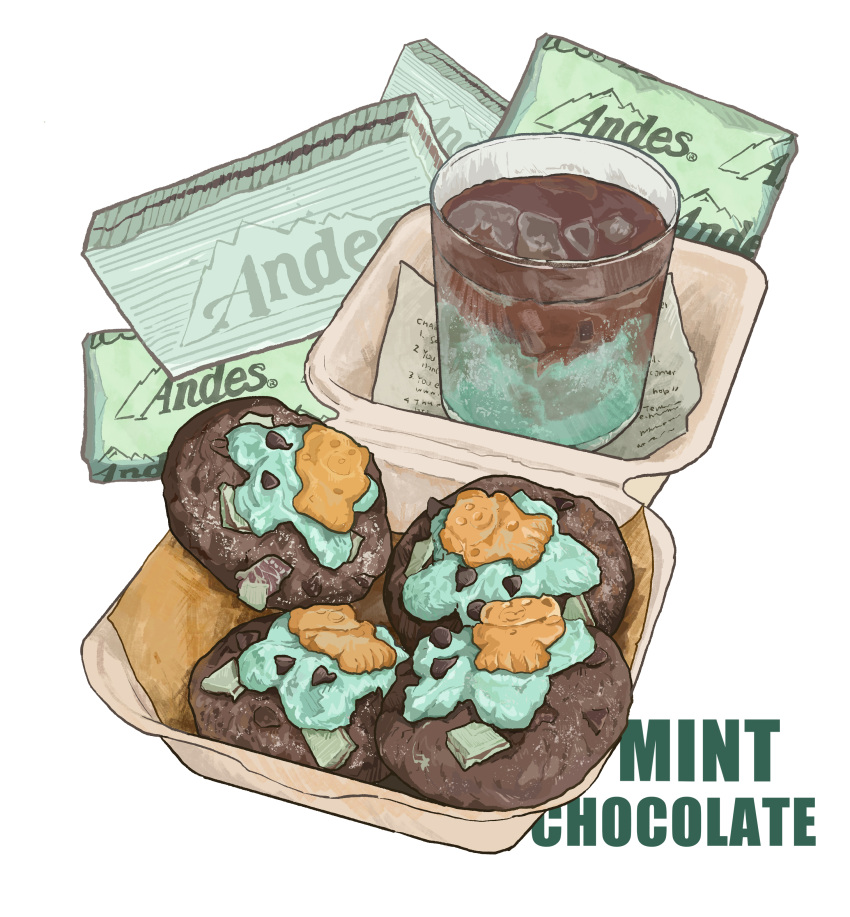 absurdres, bmu_s, chocolate, cookie, cup, drink, drinking_glass, food, food_focus, highres, ice, ice_cube, mint_chocolate, no_humans, original, still_life, white_background
