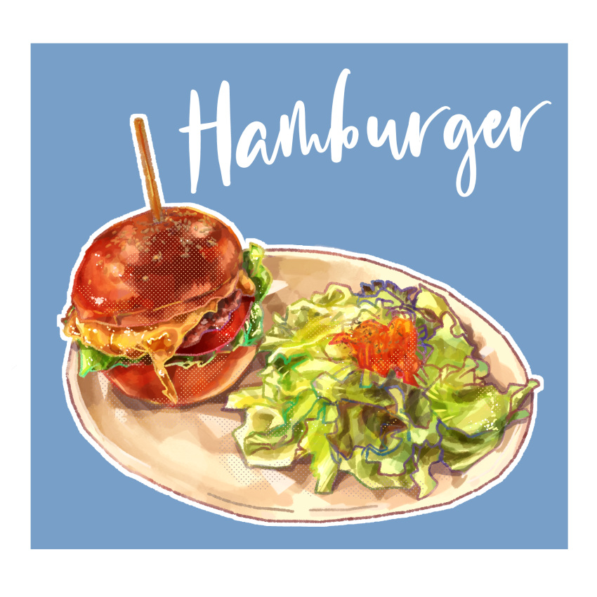 blue_background, border, burger, cheese, food, food_focus, hayasegawayayoi, highres