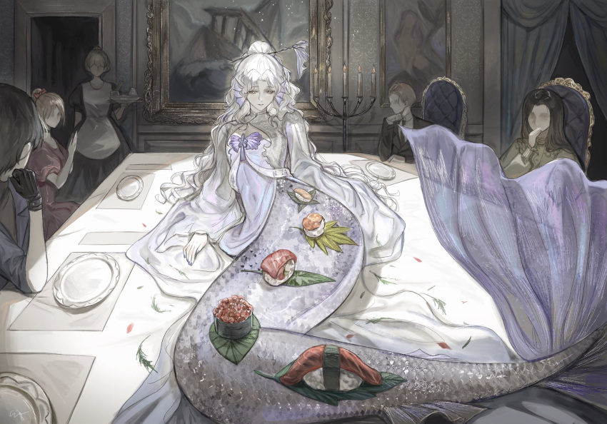 1girl, apron, black_choker, black_dress, black_gloves, black_necktie, black_suit, bow, candelabra, candlestand, choker, chopsticks, cindymeimezu, collared_shirt, copyright_request, curtains, dress, fins, food, gloves, green_dress, hair_bow, hair_bun, hair_ornament, hairpin, head_fins, highres, jacket, leaf, maid, maid_apron, mermaid, monster_girl, necktie, nyotaimori, painting_(object), plate, red_bow, red_dress, ship, shirt, single_hair_bun, suit, suit_jacket, sushi, watercraft