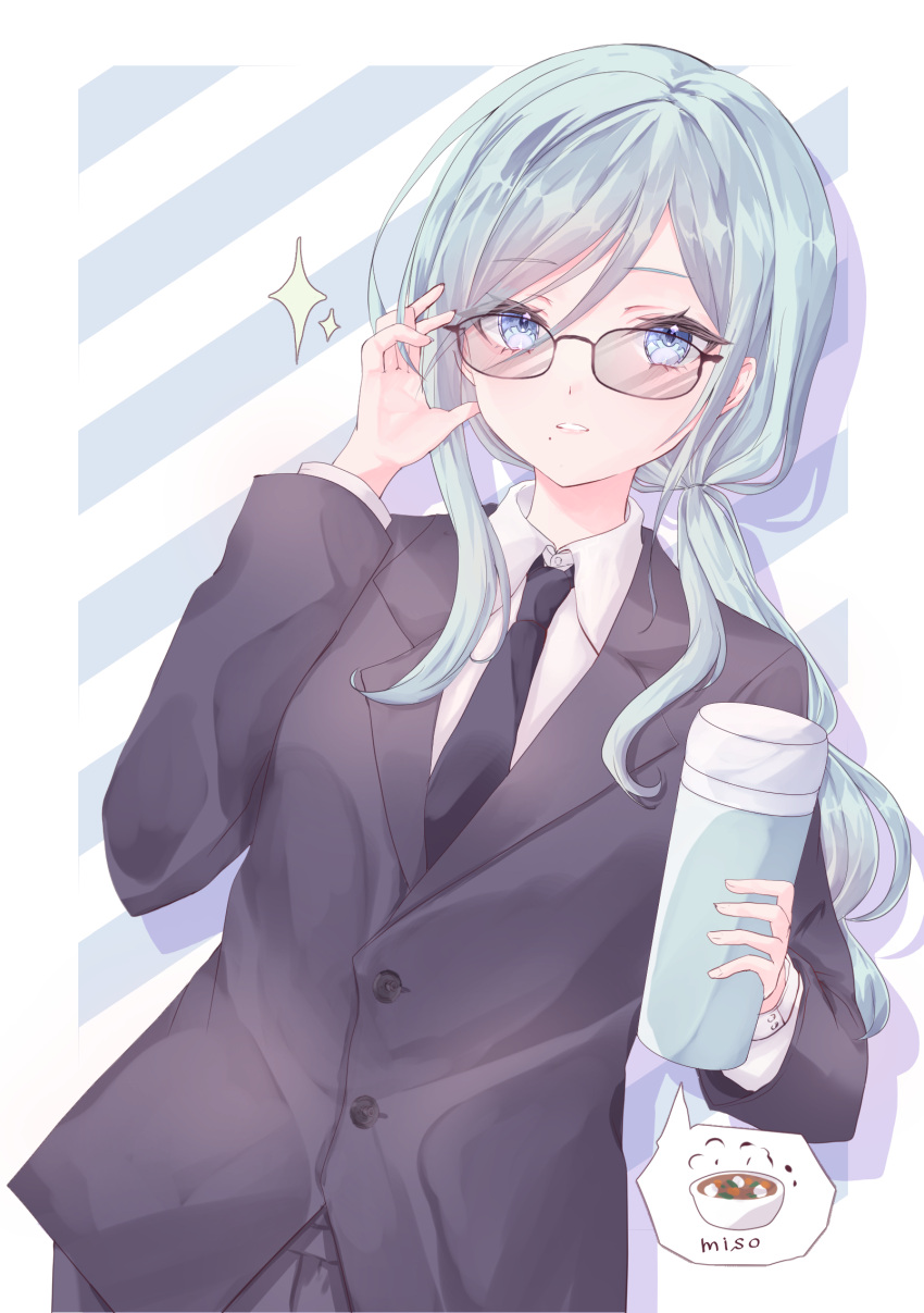 1girl, alternate_hairstyle, black_necktie, blazer, blue_eyes, blue_hair, border, buttoned_cuffs
