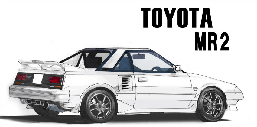 car, highres, motor_vehicle, no_humans, original, shadow, simple_background, sports_car, toyota_mr2, toyota_mr2_aw11, vehicle_focus, vehicle_name, wheel, white_background, white_car, yuuzo