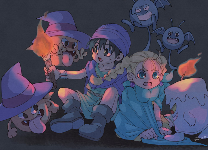 1boy, 1girl, 29qmatatavi, aged_down, belt, bianca_(dq5), black_hair, blonde_hair, blue_eyes, boots, bracelet, braid, child, cloak, commentary_request, dracky, dragon_quest, dragon_quest_v, earrings, ghost_(dragon_quest), green_cloak, green_tunic, hair_pulled_back, hero_(dq5), holding, holding_torch, jewelry, long_hair, looking_at_another, low_ponytail, monster, open_mouth, purple_cloak, purple_headwear, sitting, sweatdrop, torch, turban, twin_braids, wax_murderer