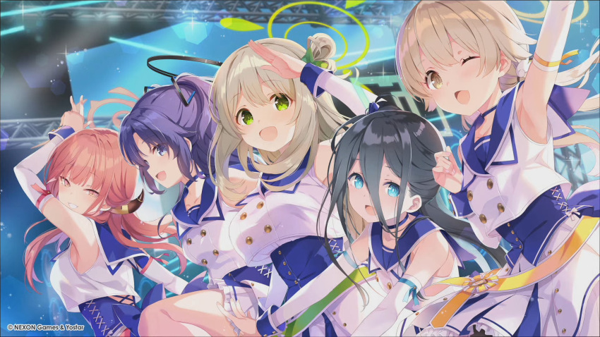 5girls, aris_(blue_archive), aru_(blue_archive), blonde_hair, blue_archive, blue_hair, blue_sailor_collar, cropped_shirt