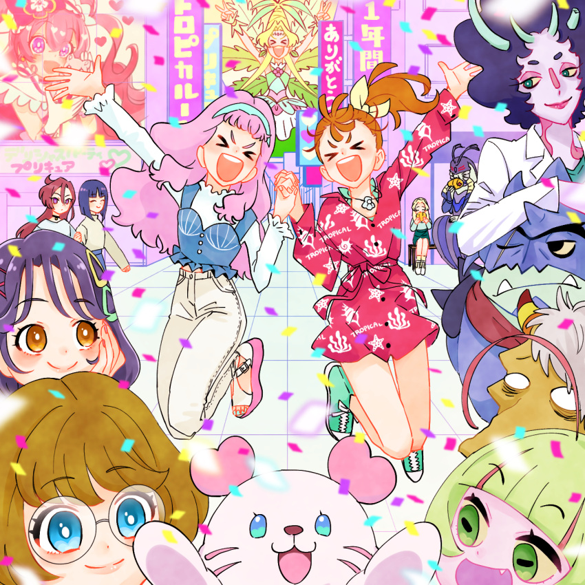 >_<, 1boy, 6+girls, :d, agnete_(precure), aqua_footwear, arm_grab, arm_up