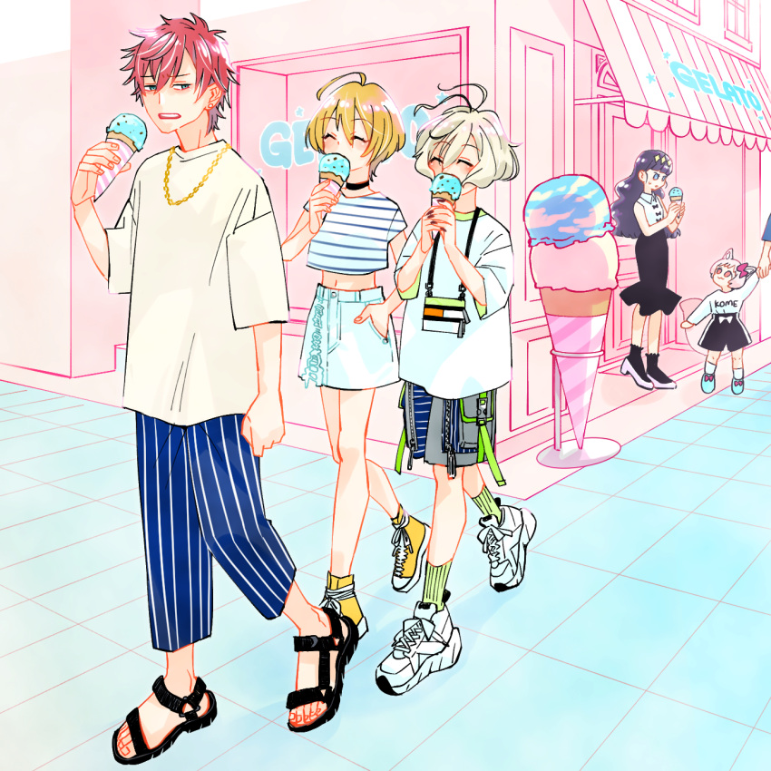 3boys, 3girls, ahoge, animal_ears, antenna_hair, bicine_(precure), black_footwear, black_hair