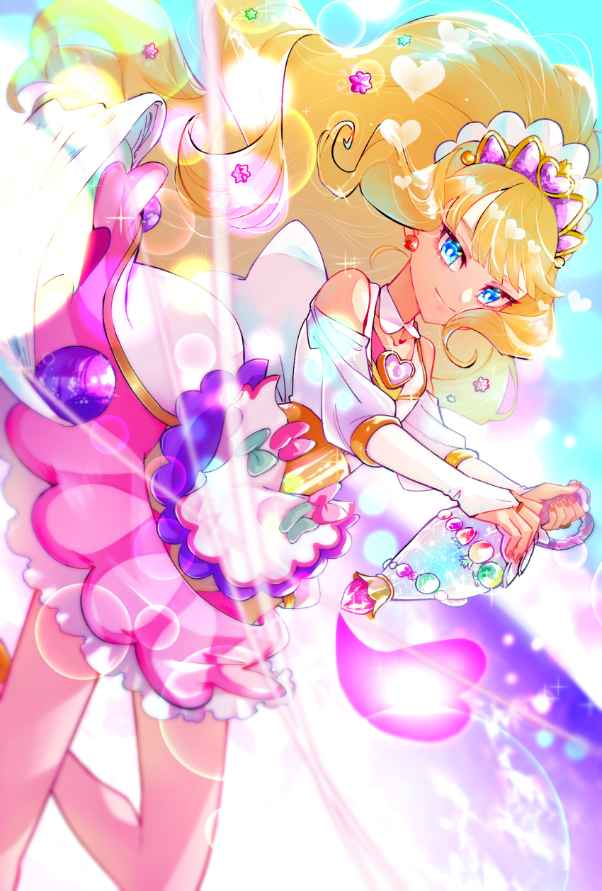 1girl, back_bow, big_hair, blonde_hair, blue_eyes, blunt_bangs, bow, bridal_gauntlets