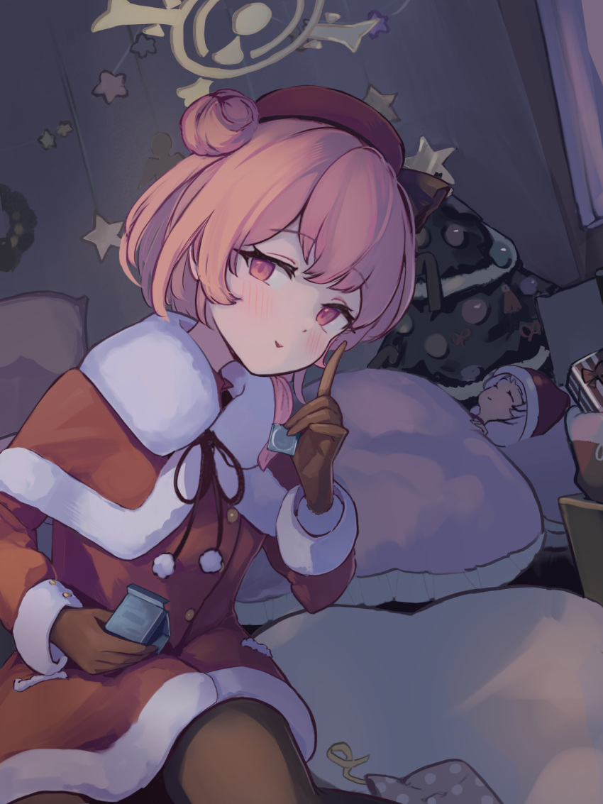 2girls, beret, black_gloves, black_pantyhose, blue_archive, blush, capelet, christmas