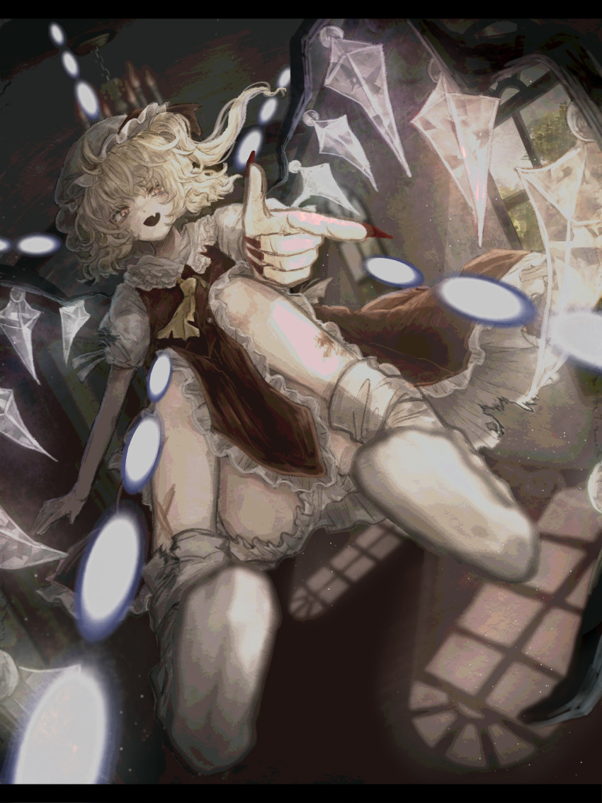 1girl, ascot, blonde_hair, crystal, crystal_wings, fang, flandre_scarlet, fleuriste