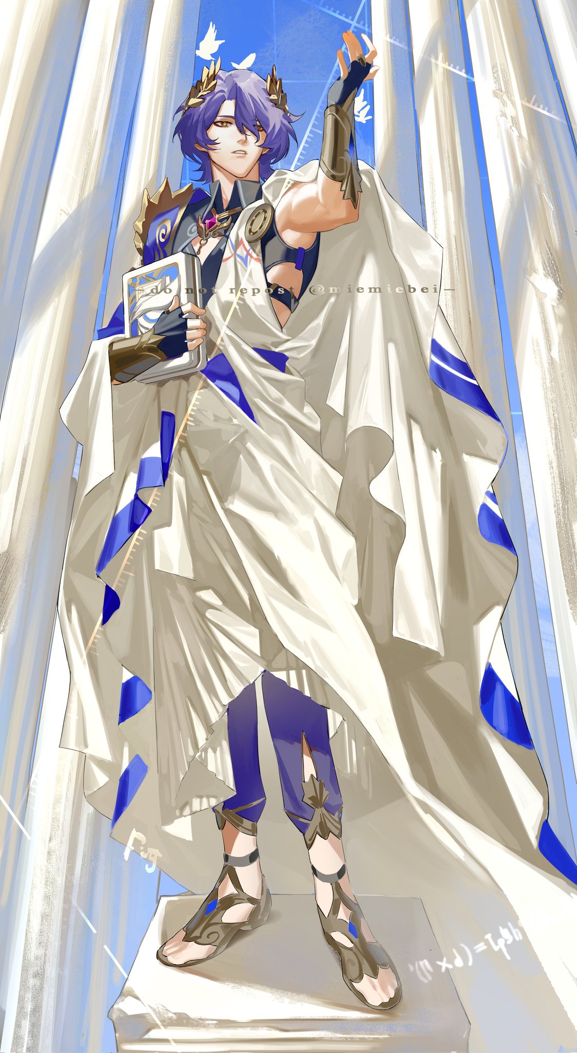 1boy, animal, arm_up, armpits, bird, black_gloves, blue_background, blue_hair