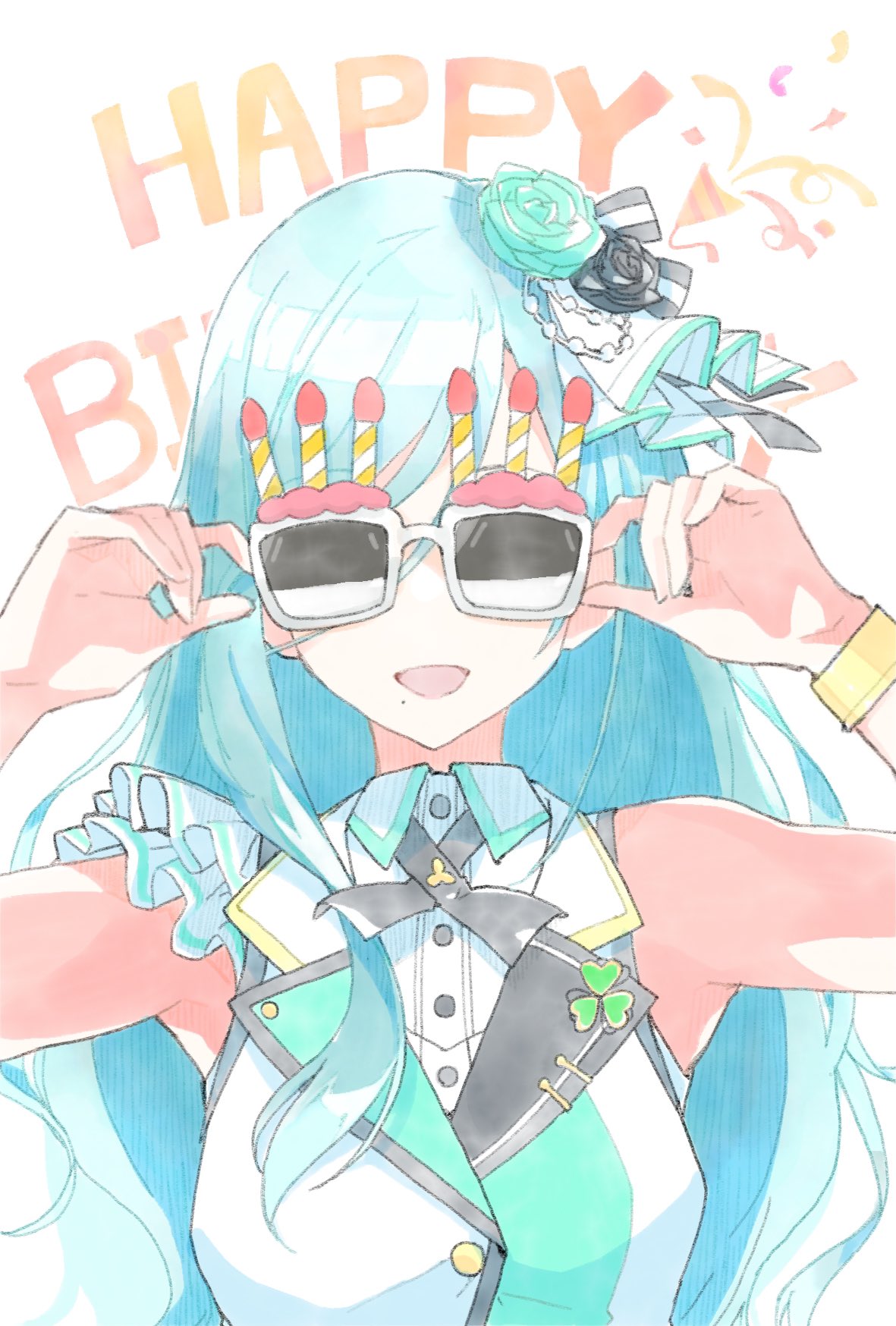 1girl, adjusting_eyewear, aqua_eyes, aqua_flower, aqua_hair, aqua_jacket, aqua_rose, black_flower
