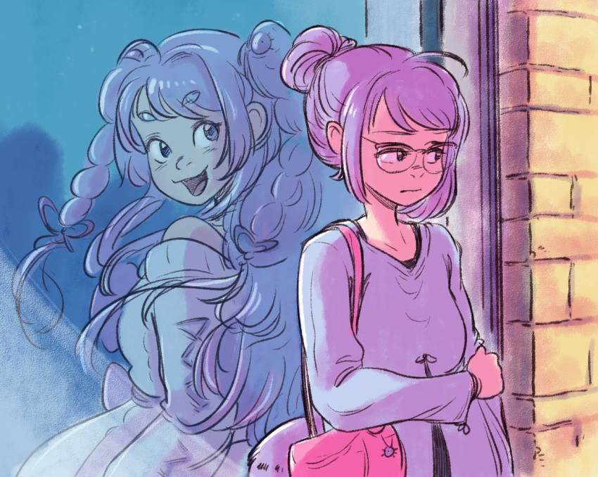 2girls, alternate_costume, amiya_aranha, amiya_aranha_(1st_costume), back-to-back, bag, bishoujo_senshi_sailor_moon, braid