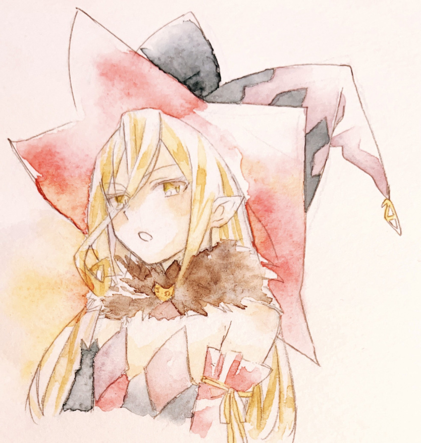 1girl, armpit_crease, bare_shoulders, blonde_hair, commentary_request, enoki_kino, hat, highres