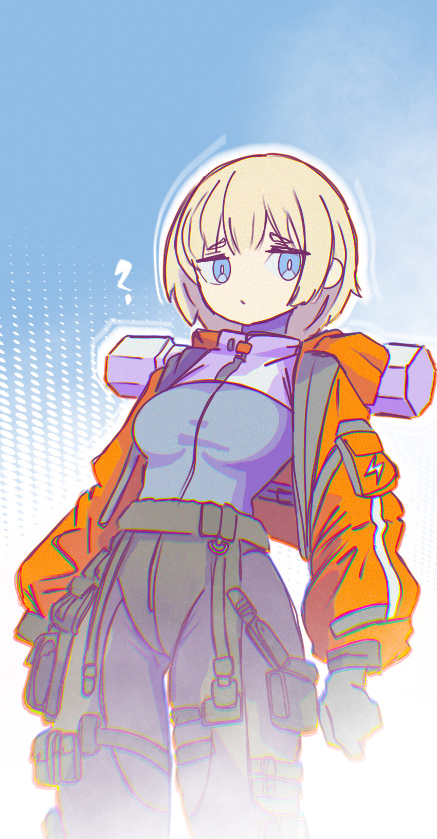 1girl, ?, absurdres, adapted_costume, animification, apex_legends, black_gloves, black_pants, blonde_hair, blue_background, blue_eyes, blue_shirt, breasts, gloves, hair_behind_ear, highres, hood, hooded_jacket, jacket, looking_at_viewer, medium_breasts, pants, shirt, shirt_tucked_in, short_hair, shrug_(clothing), thigh_pouch, ueda_(ueda8039), wattson_(apex_legends)