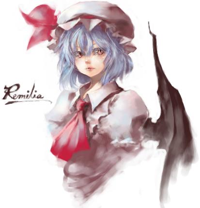 bat_wings, bust, character_name, face, hat, himazin, jpeg_artifacts, lavender_hair
