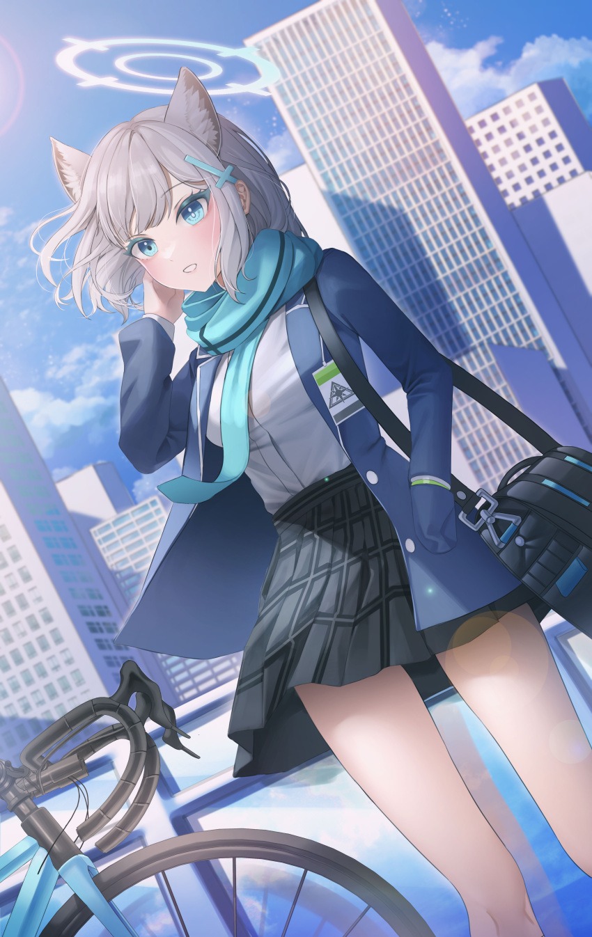 1girl, absurdres, aillatoste, animal_ears, blue_archive, blue_eyes, blush, extra_ears, grey_hair, highres, medium_hair, open_mouth, shiroko_(blue_archive), solo, wolf_ears
