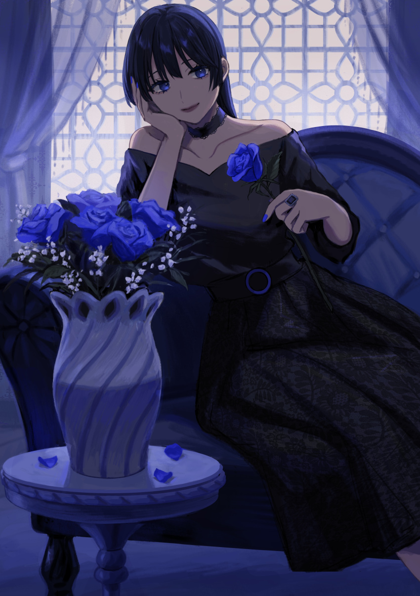 1girl, absurdres, belt, black_dress, black_hair, blue_eyes, blue_flower, blue_nails