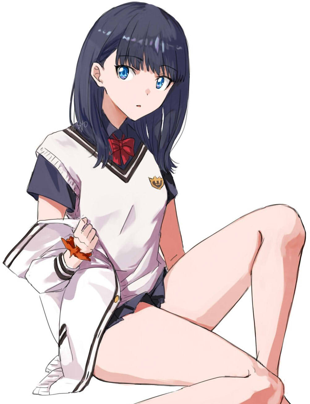 1girl, ass, black_hair, black_skirt, blue_eyes, bow, bowtie, breasts