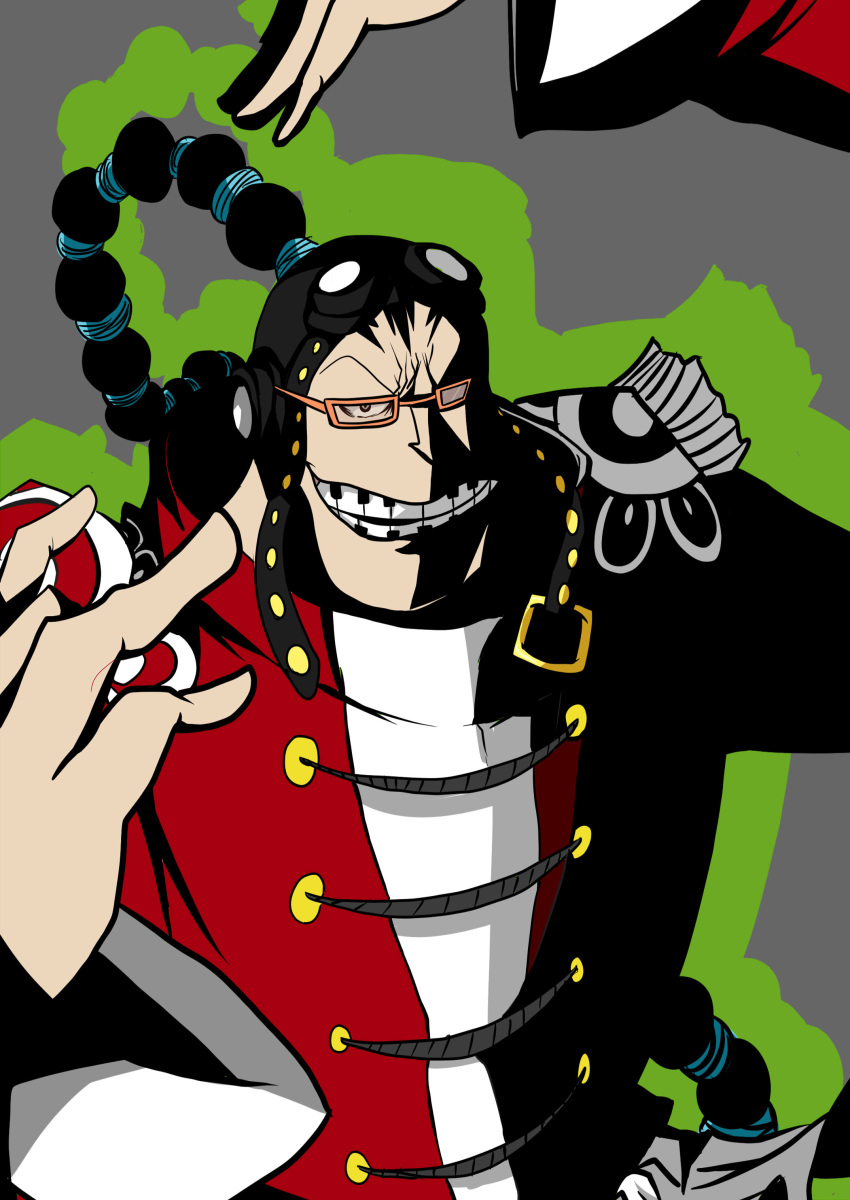 1boy, absurdres, aviator_cap, clenched_teeth, commentary_request, epaulettes, eyewear_on_head, glasses