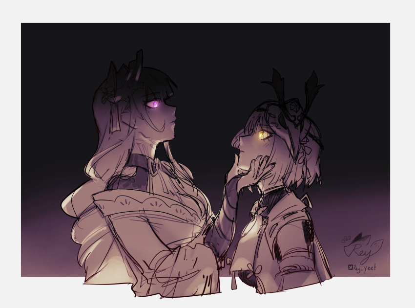 2girls, black_background, border, bridal_gauntlets, eye_contact, genshin_impact, gradient_background, grey_border