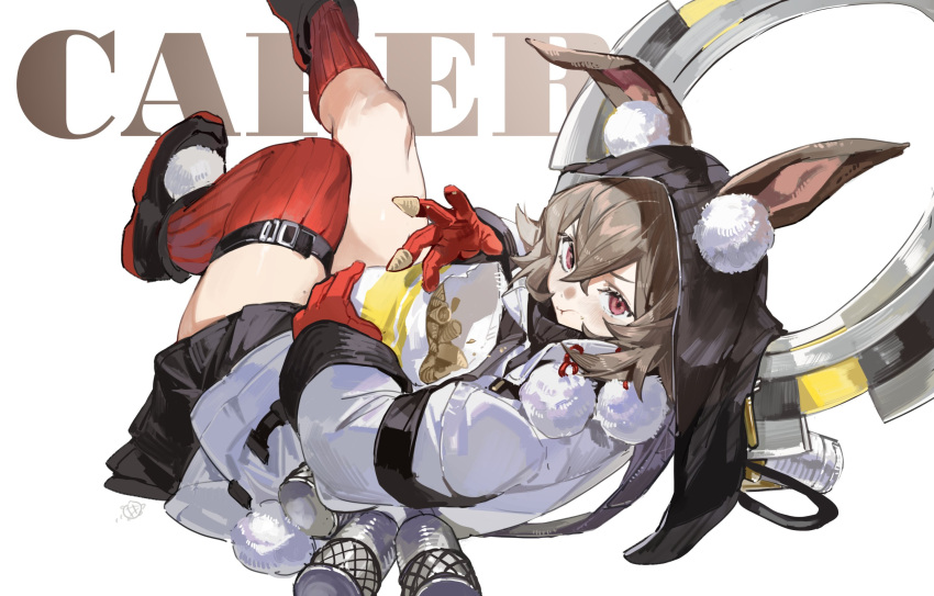 1girl, :t, animal_ears, arknights, bag_of_chips, black_footwear, black_headwear, bokyo, brown_hair, caper_(arknights), character_name, chips_(food), commentary, eating, food, full_body, highres, holding, holding_food, jacket, looking_back, object_request, pom_pom_(clothes), rabbit_ears, rabbit_girl, rabbit_tail, red_thighhighs, short_hair, simple_background, solo, tail, thigh-highs, white_background, white_jacket