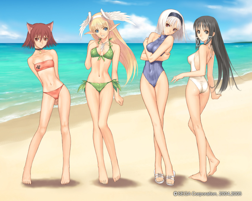 animal_ears, barefoot, beach, bikini, black_hair, blanc_neige, blonde_hair, cat_ears