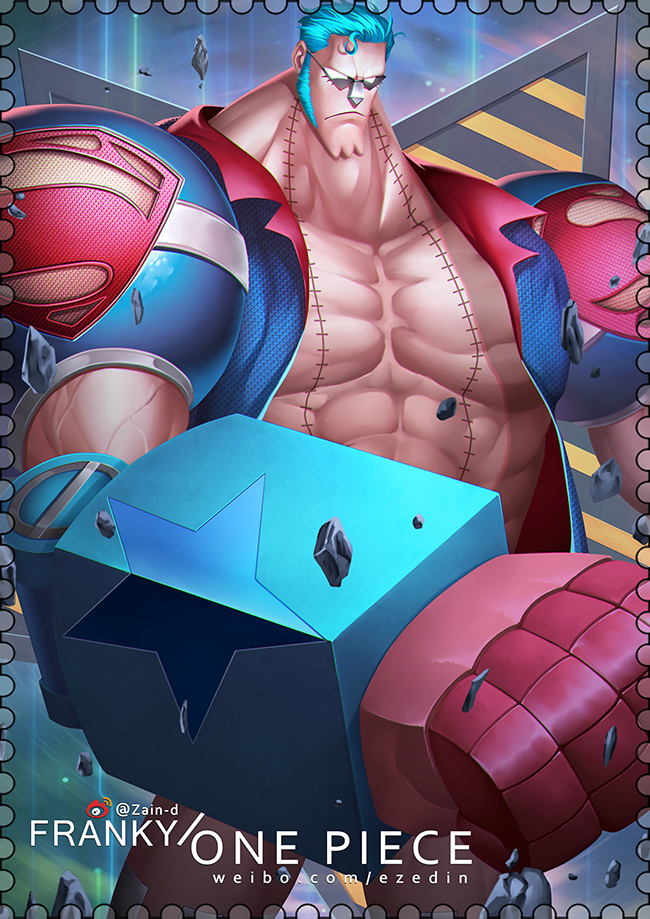 1boy, abs, artist_name, blue_hair, character_name, closed_mouth, commentary, franky_(one_piece)
