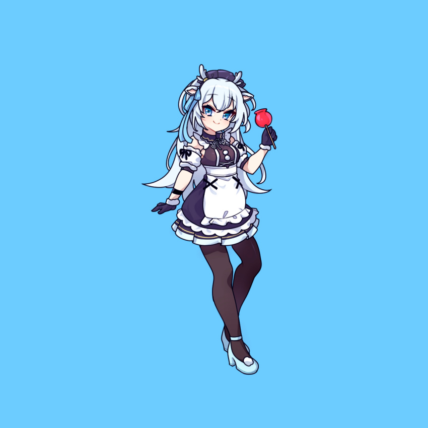 1girl, blue_eyes, blue_hair, candy_apple, cross_(vgne4542), food, hakushika_iori, highres
