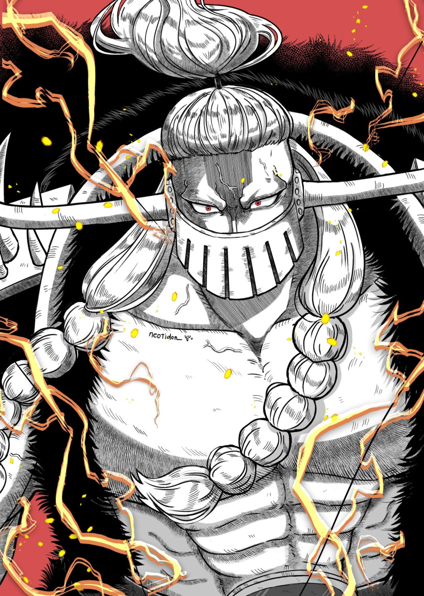 1boy, abs, bare_pectorals, blonde_hair, braided_sidelock, high_ponytail, highres, jack_(one_piece)