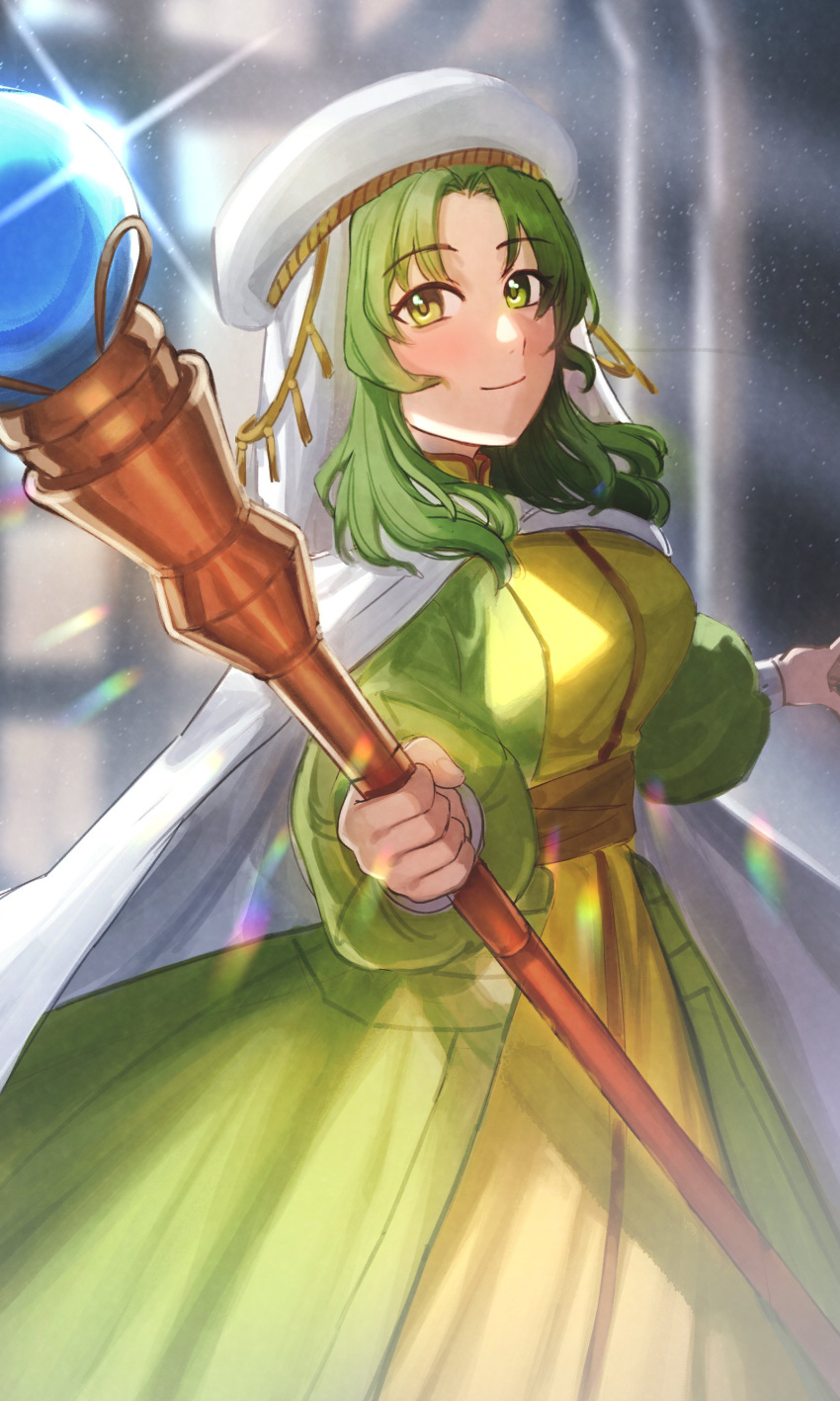 1girl, absurdres, dahampter, dress, fire_emblem, fire_emblem:_thracia_776, fire_emblem_heroes, highres, holding, holding_staff, looking_at_viewer, priestess, safy_(fire_emblem), staff, weapon, window