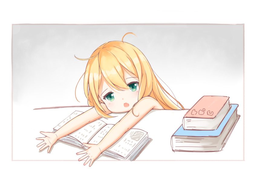 1girl, :o, albacore_(azur_lane), azur_lane, bare_shoulders, blonde_hair, book, commentary_request, fata_(minifata), green_eyes, hair_between_eyes, leaning_on_table, long_hair, messy_hair, open_book, reading, solo, upper_body, very_long_hair