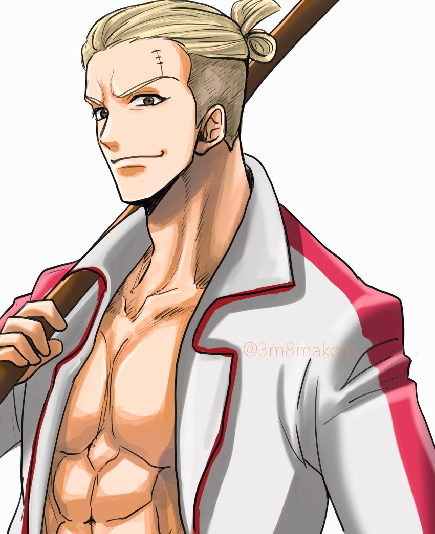 1boy, abs, absurdres, artist_name, blonde_hair, closed_mouth, commentary_request, high_ponytail