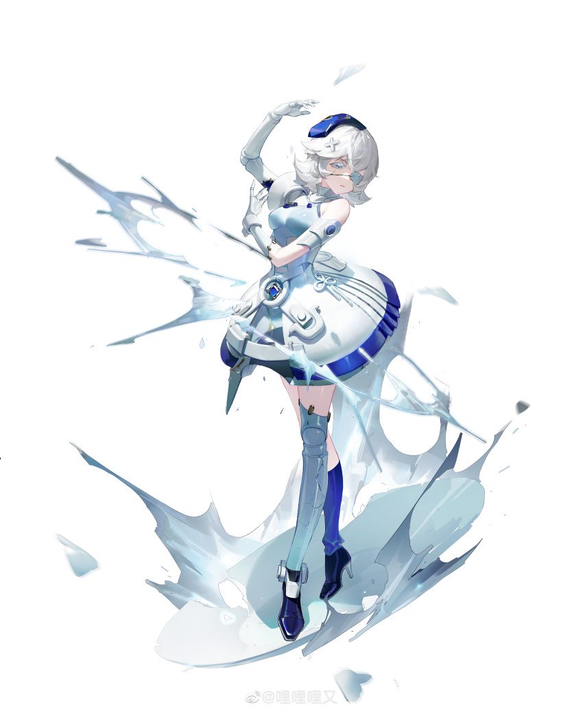 1girl, absurdres, arm_up, beici, blue_eyes, blue_footwear, blue_headwear, blue_socks, breasts, colored_eyelashes, crossed_legs, doll_joints, dress, dust, eyepatch, full_body, hair_ornament, high_heels, highres, joints, kleins, lyooo_6, mechanical_arms, mechanical_hands, mechanical_legs, medical_eyepatch, medium_breasts, official_art, one_eye_covered, short_dress, short_hair, single_mechanical_arm, single_mechanical_leg, single_sock, socks, solo, standing, tachi-e, turning_head, watson_cross, weibo_logo, weibo_username, white_background, white_dress, white_hair, x_hair_ornament