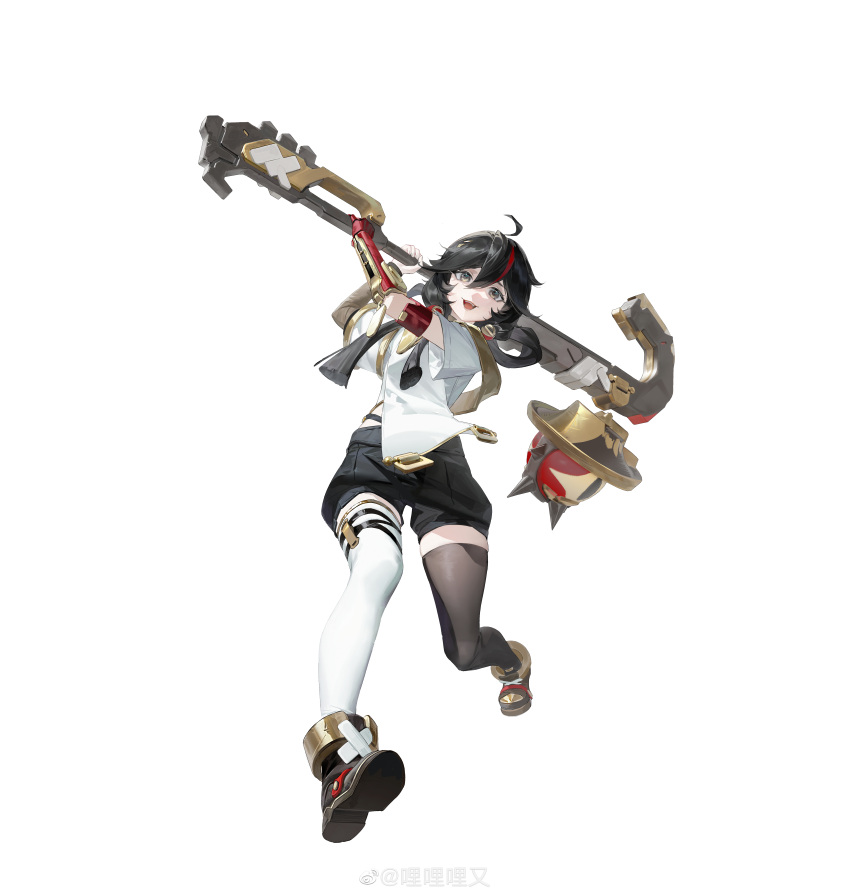 1girl, :d, absurdres, ahoge, ankle_boots, arm_warmers, asymmetrical_legwear, black_eyes, black_footwear, black_hair, black_shorts, black_thighhighs, boots, chang'an_(kleins), full_body, hair_between_eyes, hair_rings, highres, holding, holding_weapon, jumping, kleins, lyooo_6, mechanical_arms, medium_hair, mismatched_legwear, multicolored_hair, official_art, redhead, shirt, short_sleeves, shorts, single_arm_warmer, single_mechanical_arm, smile, solo, streaked_hair, tachi-e, teeth, thigh-highs, thigh_strap, two-handed, upper_teeth_only, weapon, weibo_logo, weibo_username, white_background, white_shirt, white_thighhighs