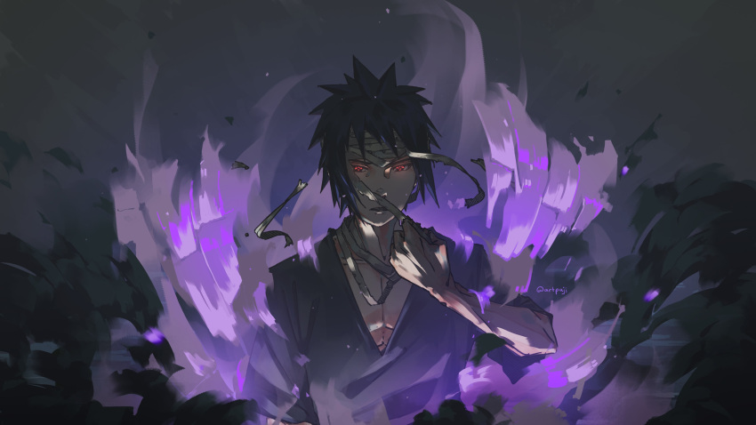 1boy, absurdres, arm_up, artpaji, bandage_on_face, bandages, black_background, black_hair