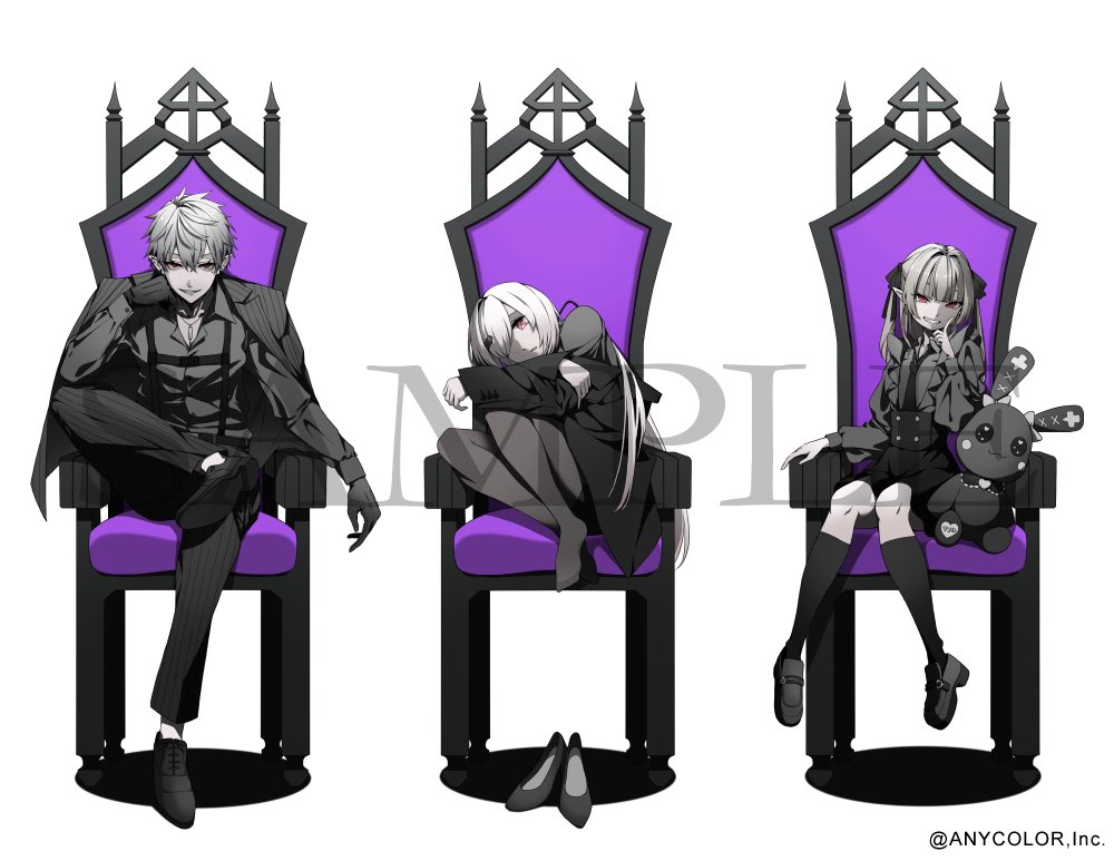 1boy, 2girls, blunt_bangs, closed_mouth, collared_shirt, copyright_notice, ear_piercing, expressionless