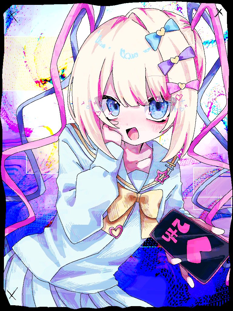 1girl, :d, black_border, blonde_hair, blue_bow, blue_eyes, blue_hair, blue_serafuku